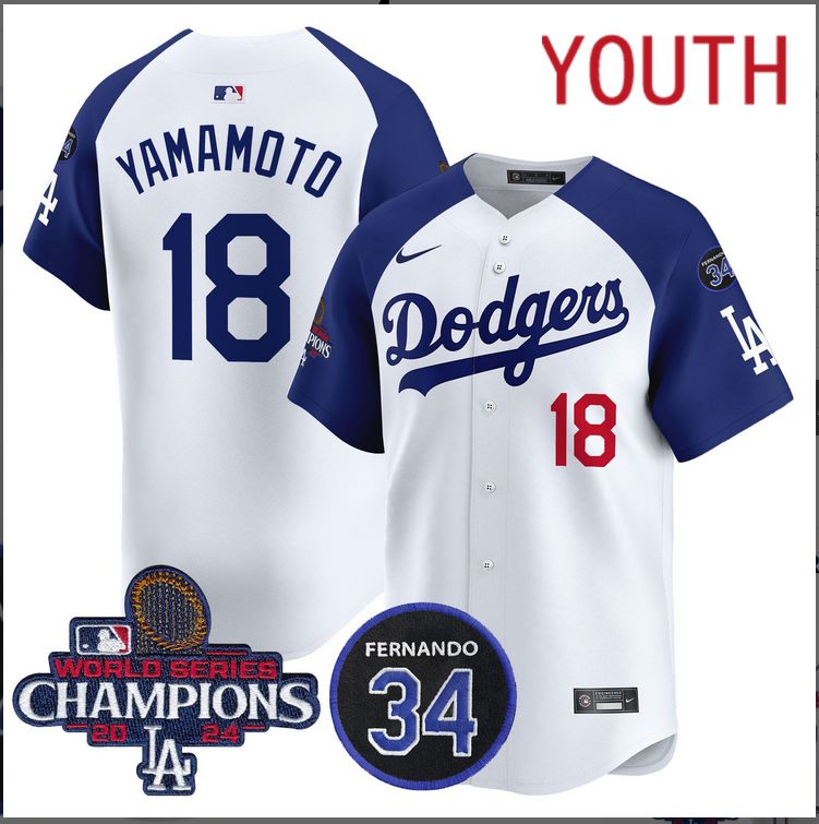 Youth MLB Los Angeles Dodgers 18 Yamamoto white 2024 World Series Champions Patch Limited Jersey style 2
